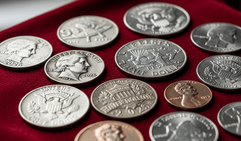 rare coins and US Mint 2026 releases displayed on velvet